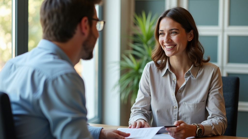 Smiling business owner meeting with a financial advisor to discuss retirement contributions and tax-saving strategies.