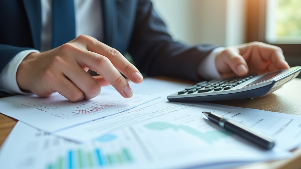 Close-up of an accountant using a calculator and reviewing financial documents with tax forms on a desk, representing business tax planning strategies.