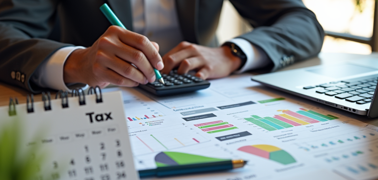 Business professional reviewing tax documents and financial reports with a calculator and laptop, planning post-year-end tax strategies.
