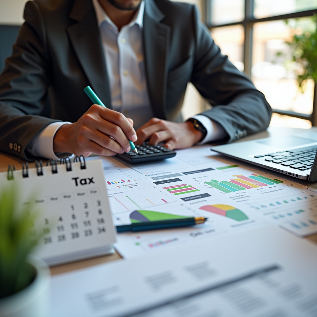 Business professional reviewing tax documents and financial reports with a calculator and laptop, planning post-year-end tax strategies.